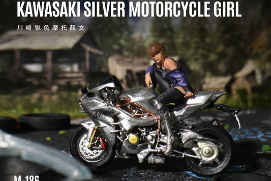 (Pre-Order) (MO222186) Kawasaki Silver Motorcycle with Chic Woman Figurine