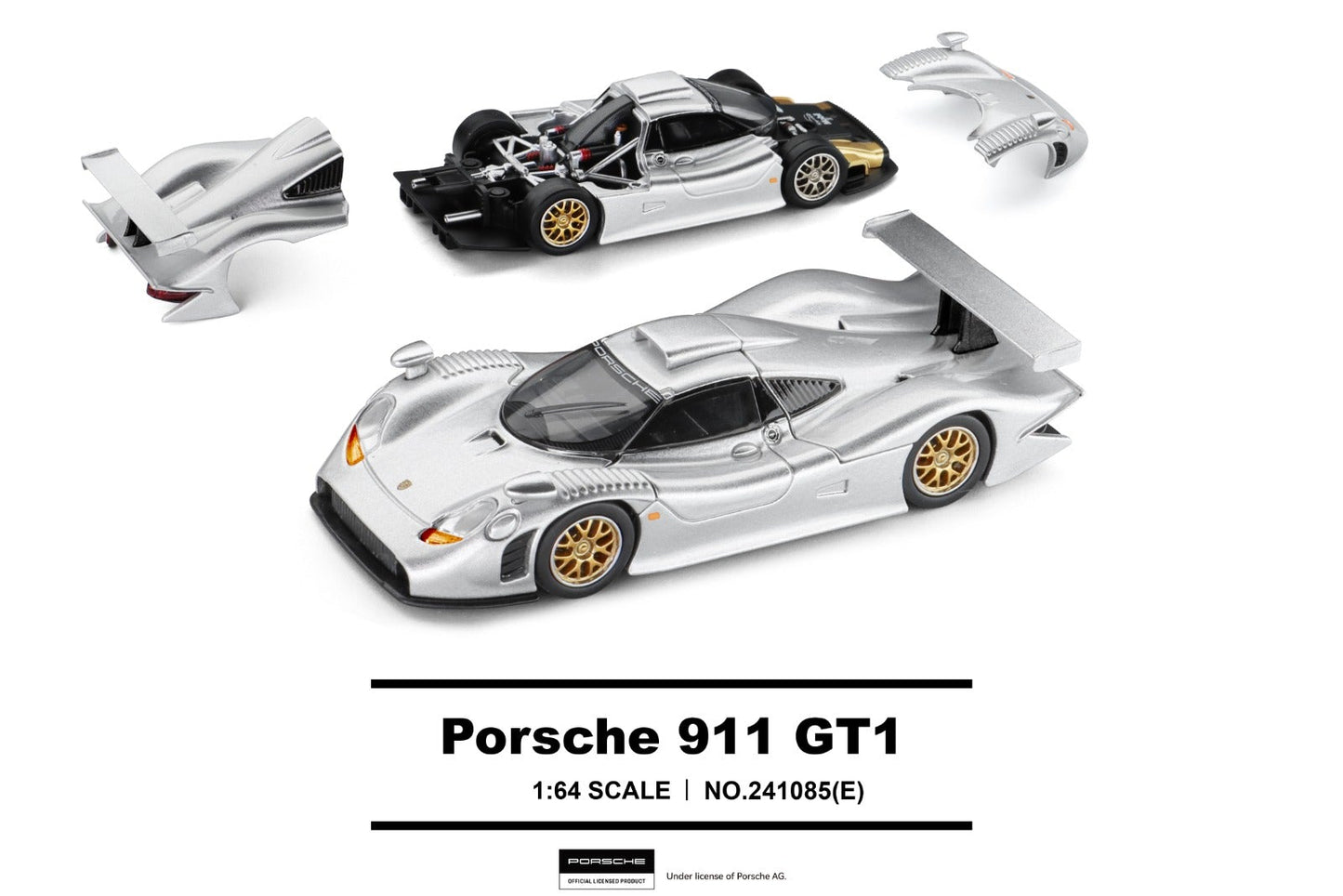 Trends Hobby 1:64 scale model of the Porsche 911 GT1, shown in a silver and black livery with gold wheels, alongside its disassembled body parts on a white background.