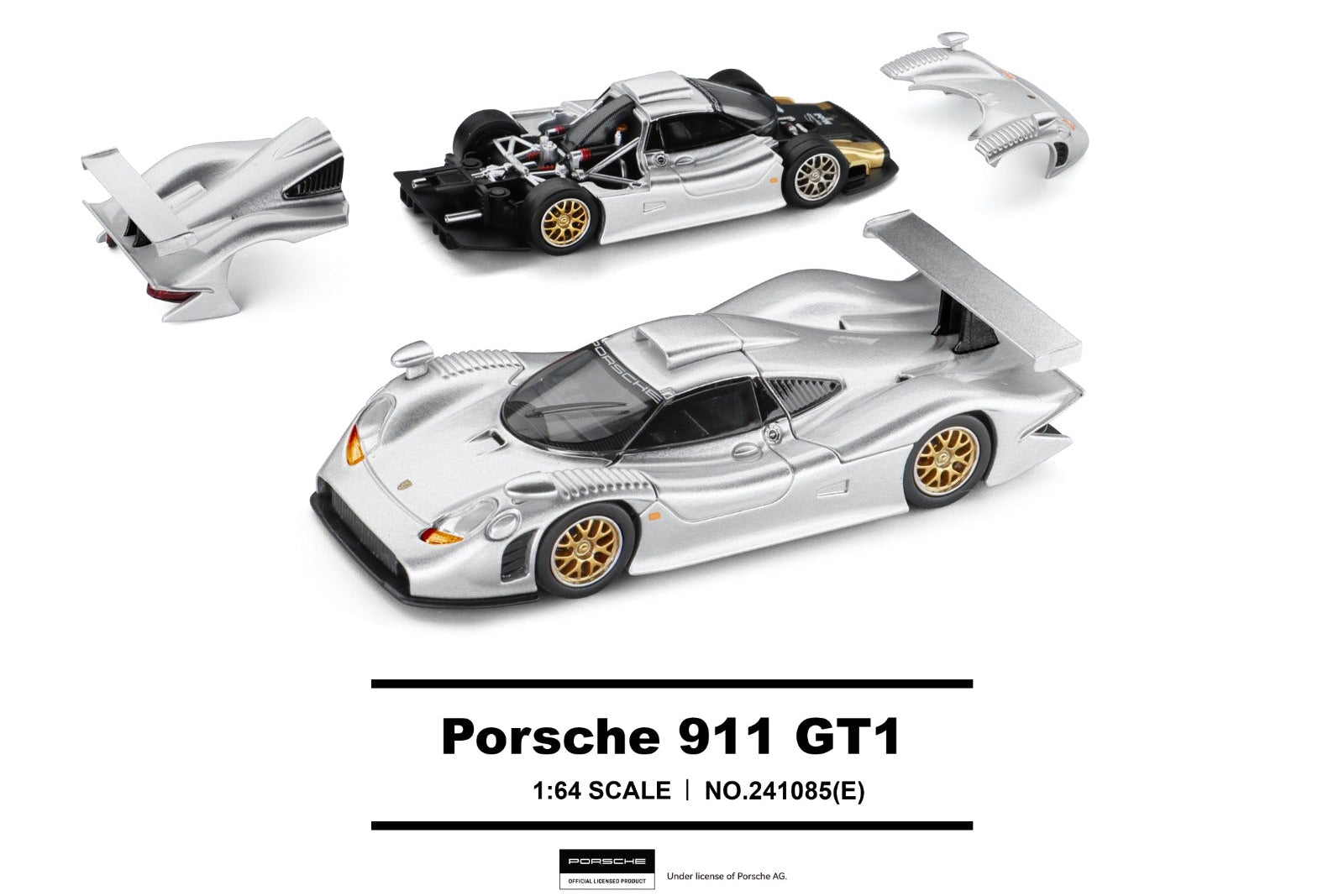 Trends Hobby 1:64 scale model of the Porsche 911 GT1, shown in a silver and black livery with gold wheels, alongside its disassembled body parts on a white background.