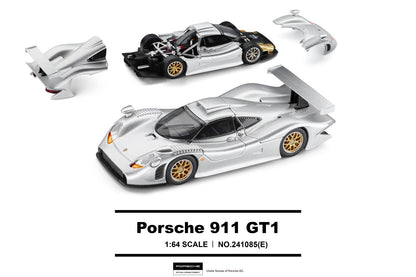 Trends Hobby 1:64 scale model of the Porsche 911 GT1, shown in a silver and black livery with gold wheels, alongside its disassembled body parts on a white background.