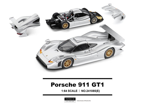 Trends Hobby 1:64 scale model of the Porsche 911 GT1, shown in a silver and black livery with gold wheels, alongside its disassembled body parts on a white background.
