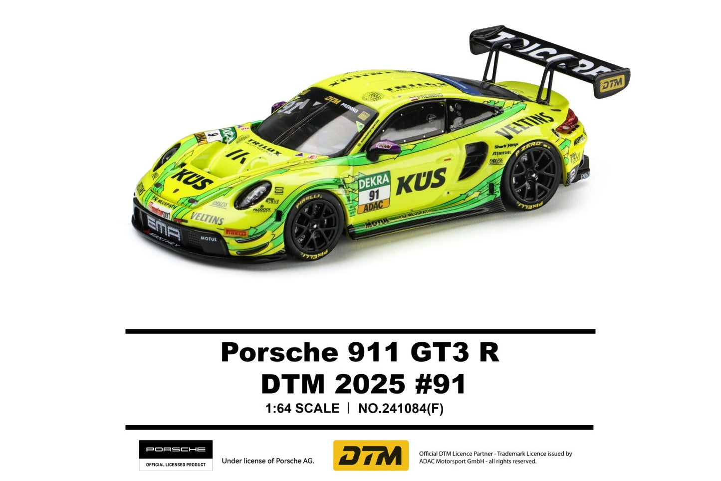 A 1:64 scale model of a Porsche 911 GT3 R race car by Trends Hobby, featuring a vibrant lime green and yellow livery with DTM 2025 #91 livery details, shown on a clean white background with product specifications and branding.