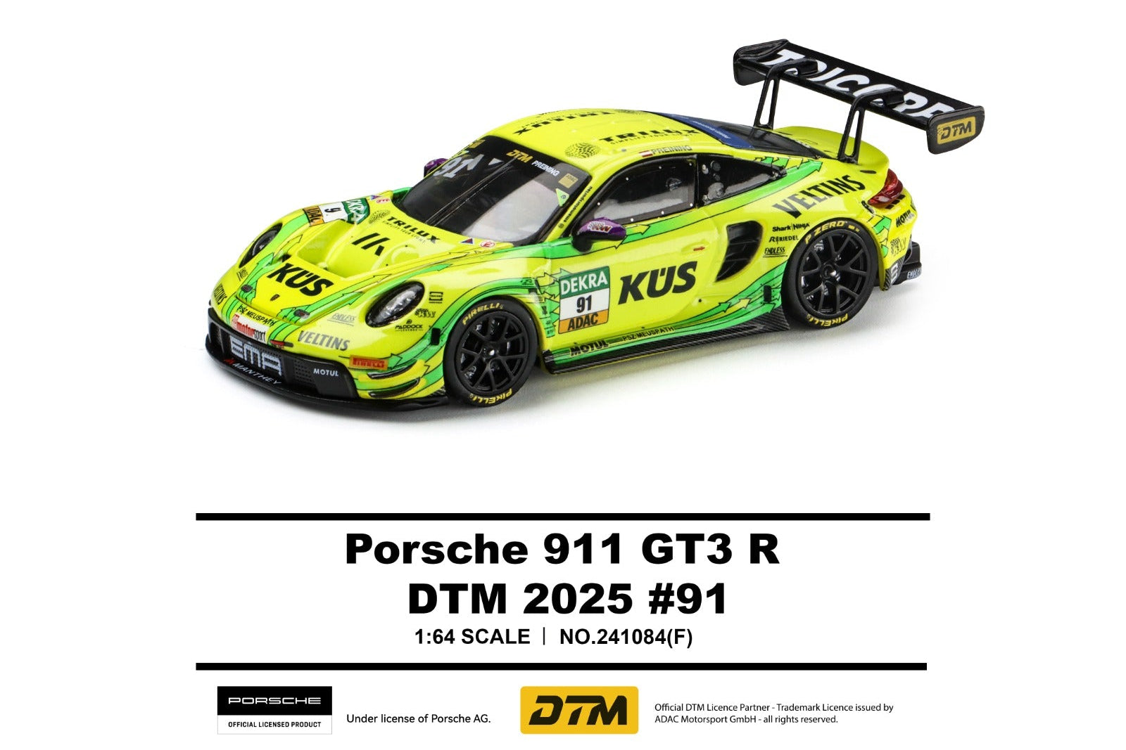 A 1:64 scale model of a Porsche 911 GT3 R race car by Trends Hobby, featuring a vibrant lime green and yellow livery with DTM 2025 #91 livery details, shown on a clean white background with product specifications and branding.