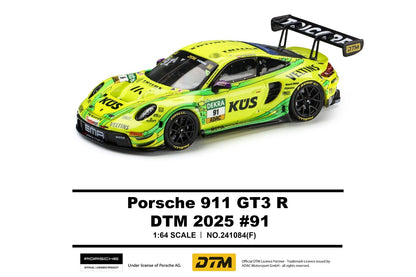 A 1:64 scale model of a Porsche 911 GT3 R race car by Trends Hobby, featuring a vibrant lime green and yellow livery with DTM 2025 #91 livery details, shown on a clean white background with product specifications and branding.