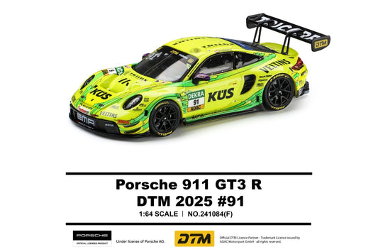 A 1:64 scale model of a Porsche 911 GT3 R race car by Trends Hobby, featuring a vibrant lime green and yellow livery with DTM 2025 #91 livery details, shown on a clean white background with product specifications and branding.