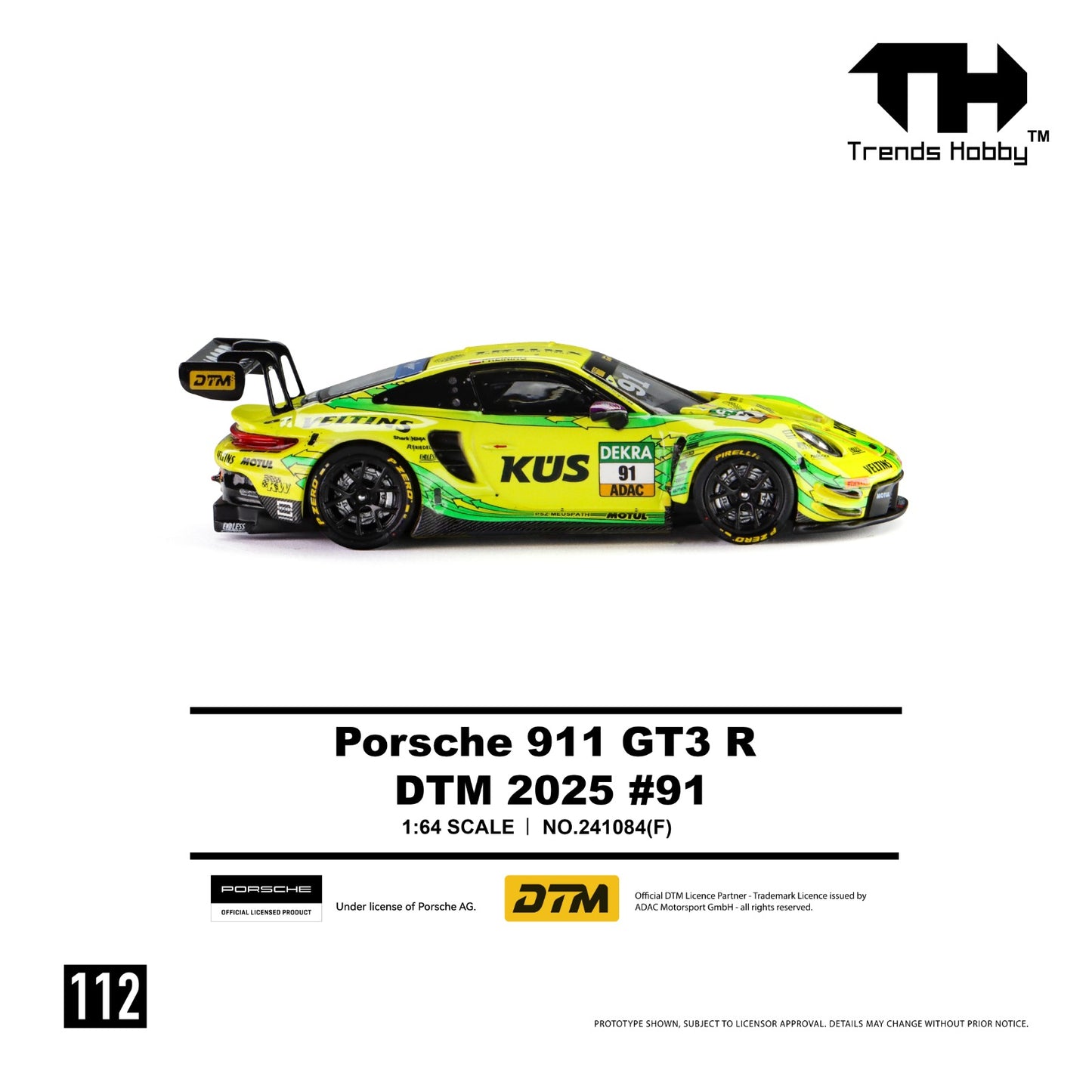 A 1:64 scale model car of the Porsche 911 GT3 R DTM 2025 #91 by Trends Hobby, featuring a vibrant lime green and yellow livery with black and white sponsor decals, shown on a white background with product details below.