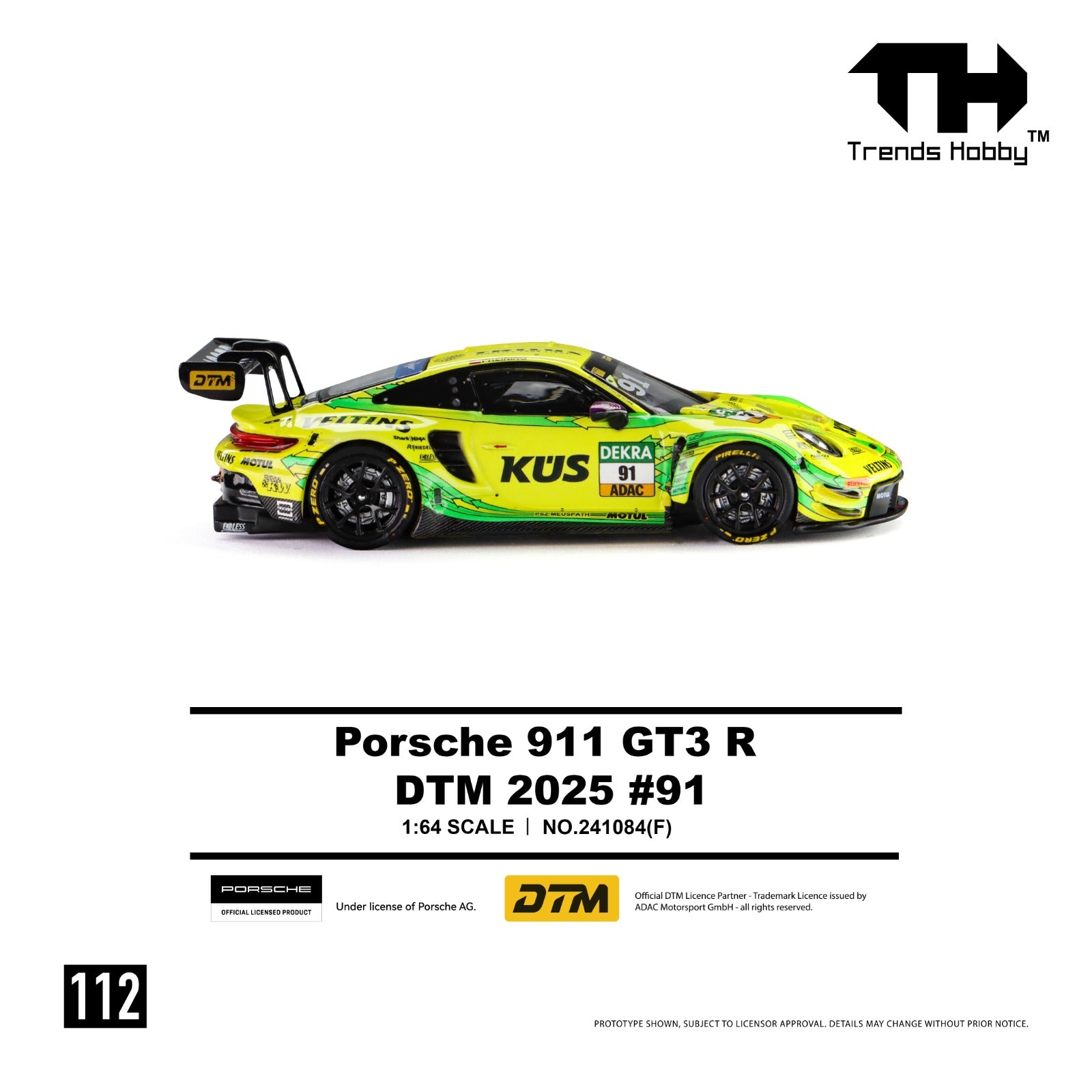 A 1:64 scale model car of the Porsche 911 GT3 R DTM 2025 #91 by Trends Hobby, featuring a vibrant lime green and yellow livery with black and white sponsor decals, shown on a white background with product details below.