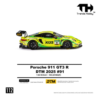 A 1:64 scale model car of the Porsche 911 GT3 R DTM 2025 #91 by Trends Hobby, featuring a vibrant lime green and yellow livery with black and white sponsor decals, shown on a white background with product details below.
