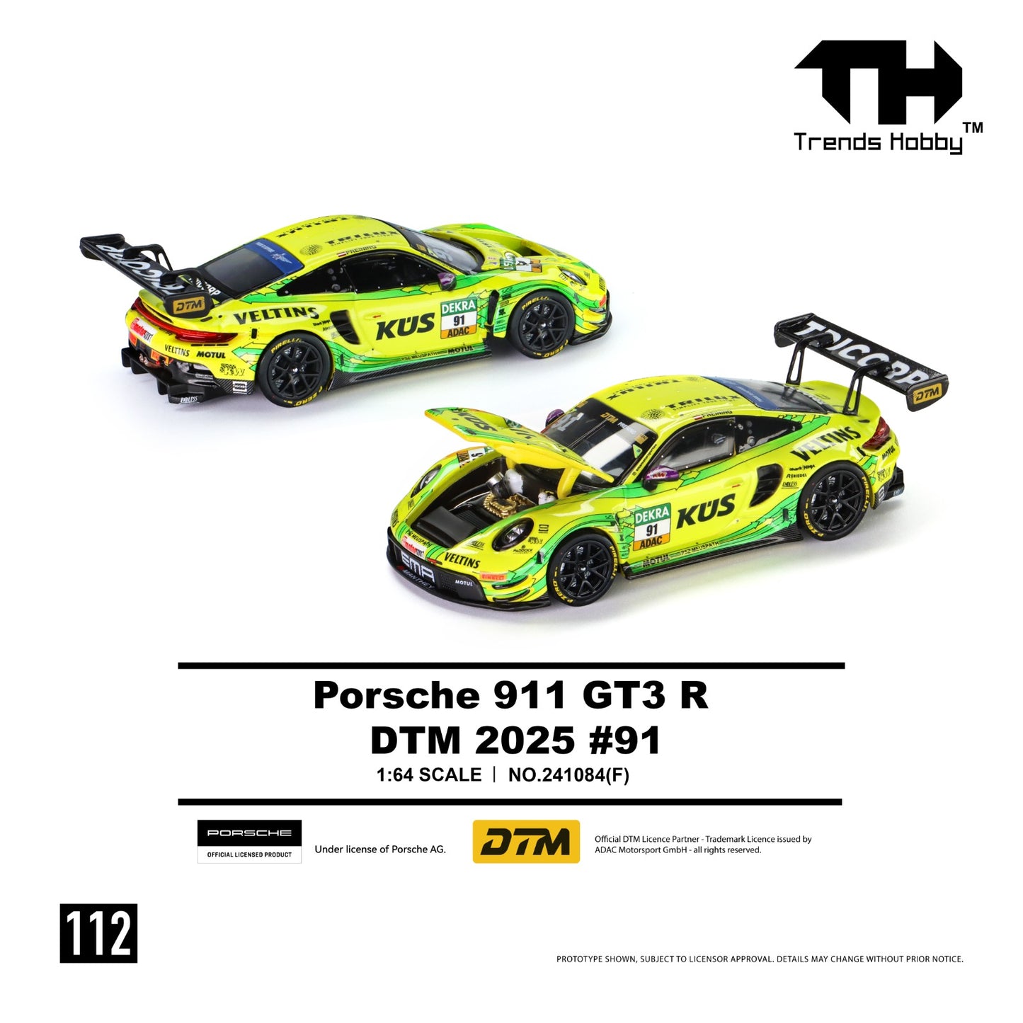 Trends Hobby 1:64 scale model car kit for Porsche 911 GT3 R DTM 2025 #91, shown in two views on a white background with product details and branding.