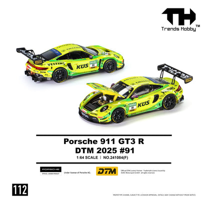 Trends Hobby 1:64 scale model car kit for Porsche 911 GT3 R DTM 2025 #91, shown in two views on a white background with product details and branding.