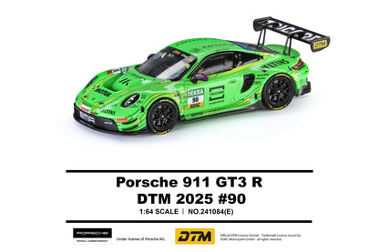 A 1:64 scale model of the green Porsche 911 GT3 R DTM 2025 #90 race car, shown on a white background with Trend's Hobby branding and product details below.