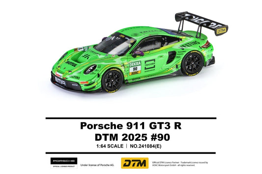 A 1:64 scale model of the green Porsche 911 GT3 R DTM 2025 #90 race car, shown on a white background with Trend's Hobby branding and product details below.