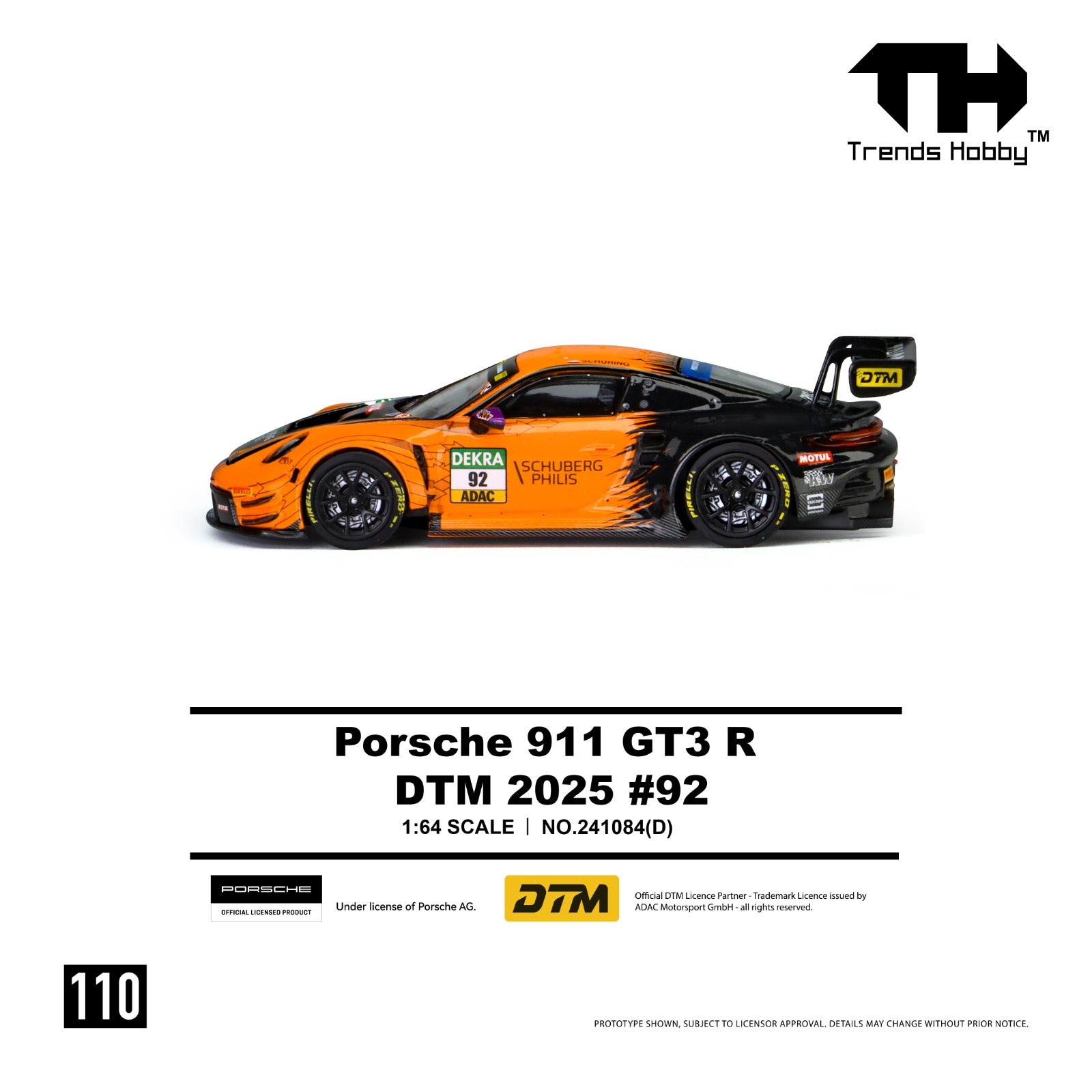 Trends Hobby 1:64 scale model car of the Porsche 911 GT3 R DTM 2025 #92, shown in a side profile view on a white background with product details and logos.