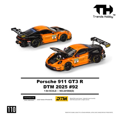 Trends Hobby DTM 2025 #92 Porsche 911 GT3 R 1:64 scale model car shown from two angles on a white background, with model number, branding, and specifications printed below.