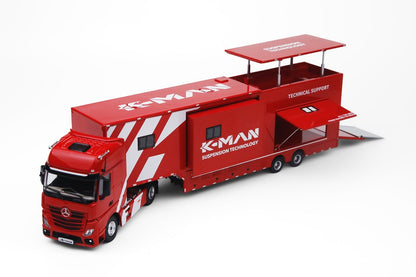 A 1/64 scale diecast model of a Mercedes-Benz Actros truck with X-Man technical support trailer, by Modernart & K-Man & Perka collab