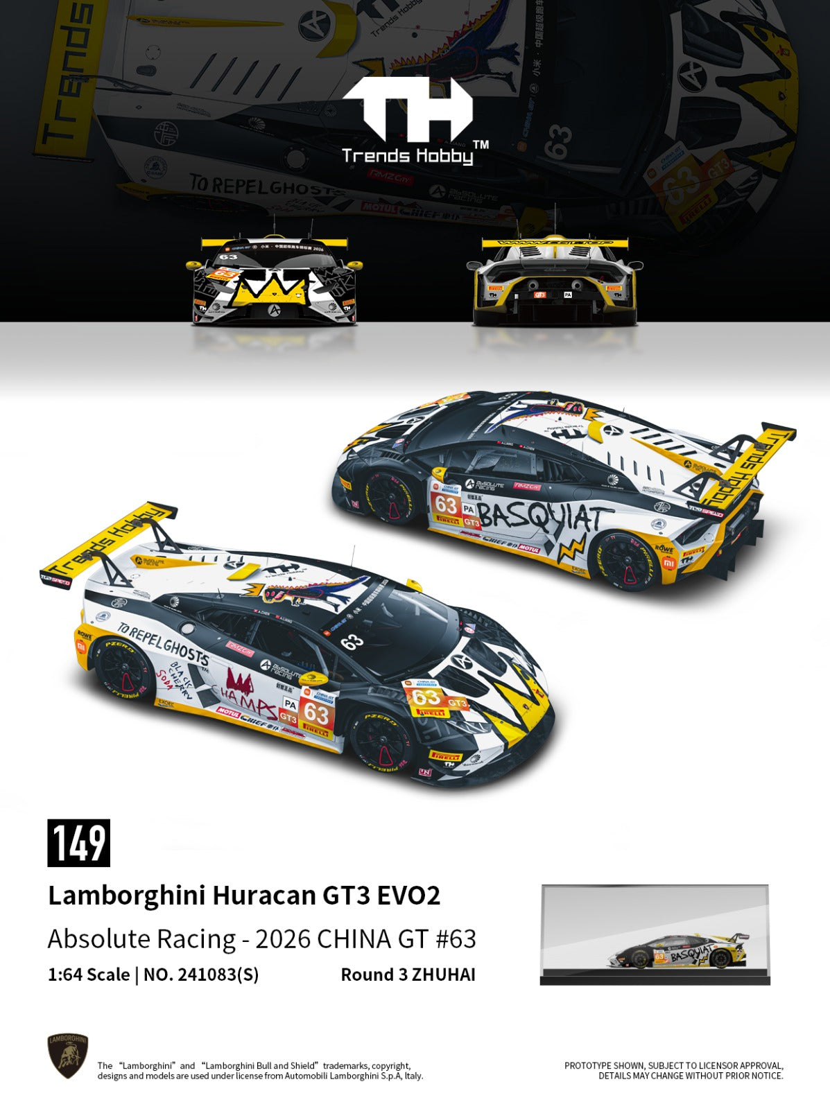 Trends Hobby 1:64 scale model car of the Lamborghini Huracan GT3 EVO2 from the 2024 Absolute Racing China GT #63 race. The model is shown in a detailed 3D view with its full livery, including sponsor decals like Pasquiat and Lamborghini.