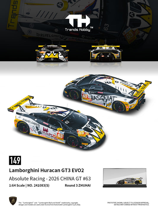 Trends Hobby 1:64 scale model car of the Lamborghini Huracan GT3 EVO2 from the 2024 Absolute Racing China GT #63 race. The model is shown in a detailed 3D view with its full livery, including sponsor decals like Pasquiat and Lamborghini.